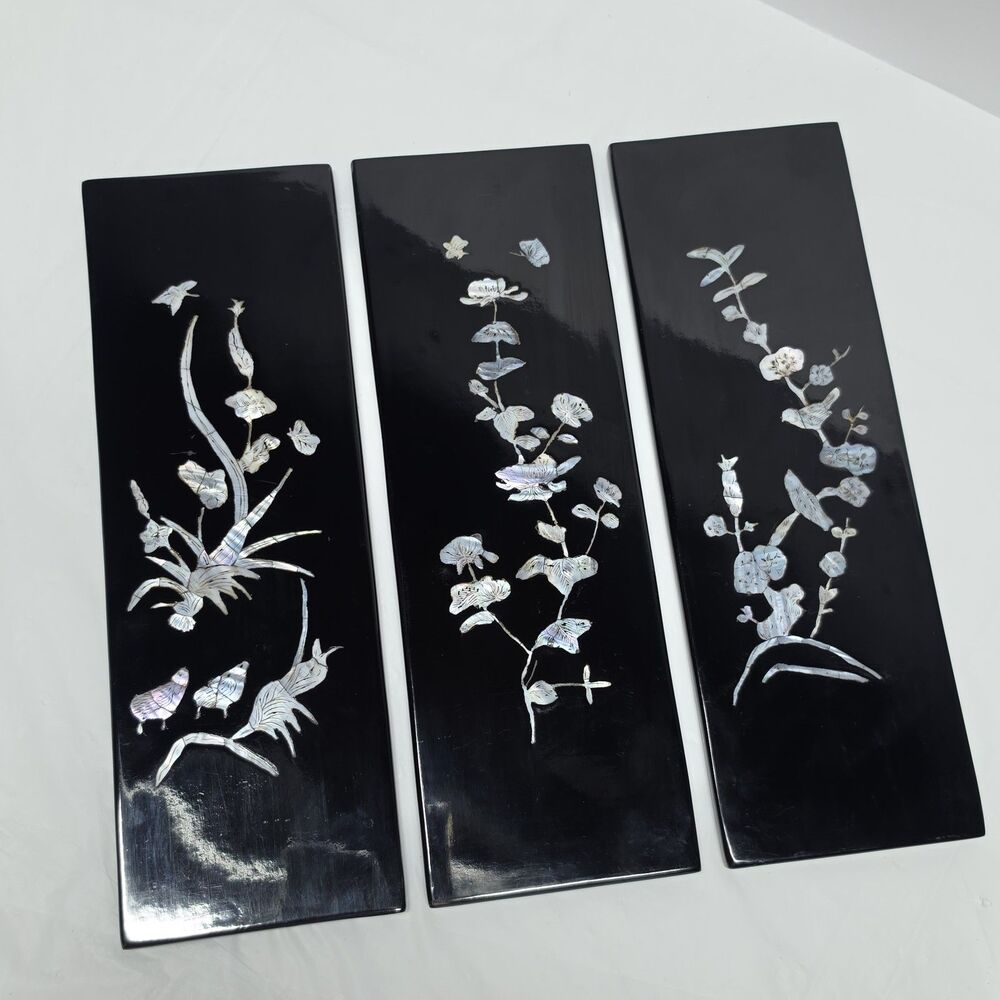 Asian Vintage Set Of 3 Mother of Pearl Inlay Black Lacquer Wooden Wall Panels